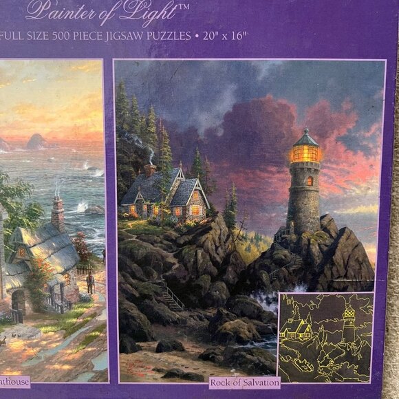 Kinkade Village Lighthouse Rock of Salvation Glow in Dark 2 x 500 Piece Puzzles - Picture 3 of 6